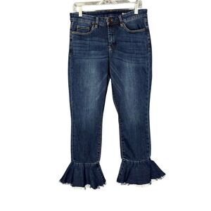 Blank NYC Jeans Women 30 Blue Ruffle Hem Dark Wash Cropped Flare‎ Raw Edge Denim